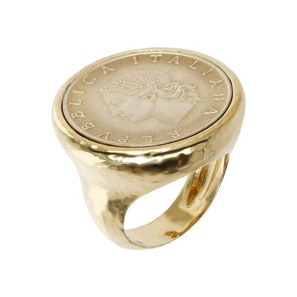 Hammered 18KT Gold Plated Ring With Coin