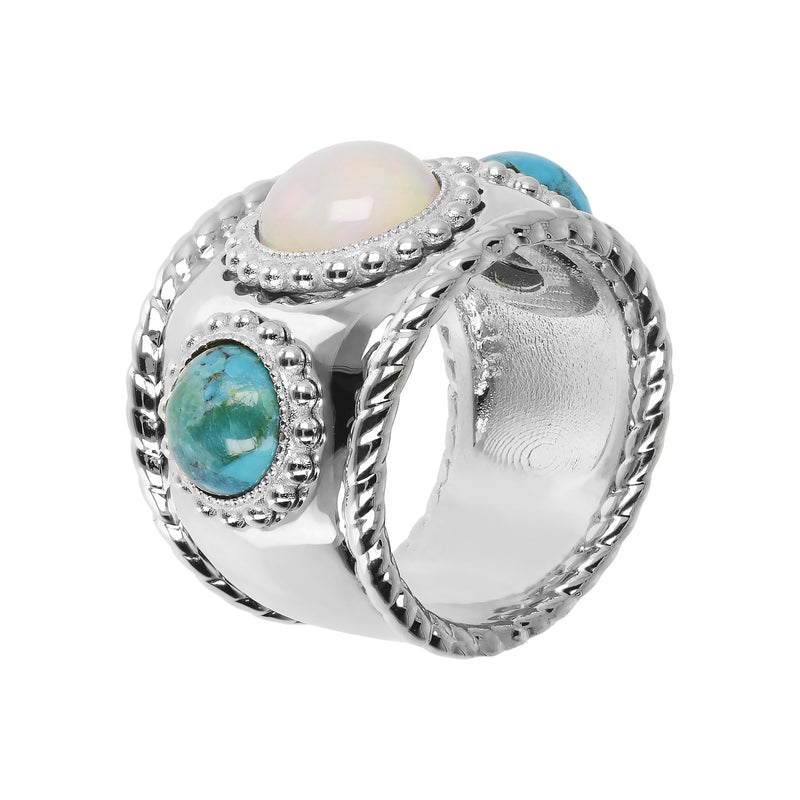 Wide Band Ring With Stones And Freshwater Pearls