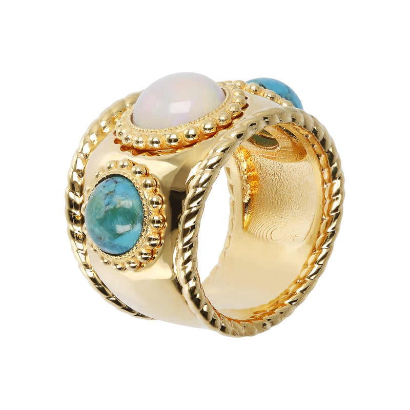 Wide Band Ring With Stones And Freshwater Pearls