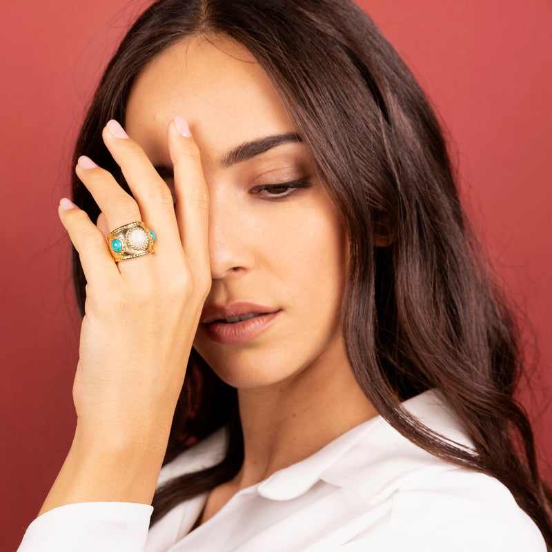 Wide Band Ring With Stones And Freshwater Pearls