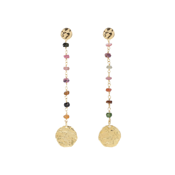 Pendant Earrings with Tourmaline And Hammered Discs