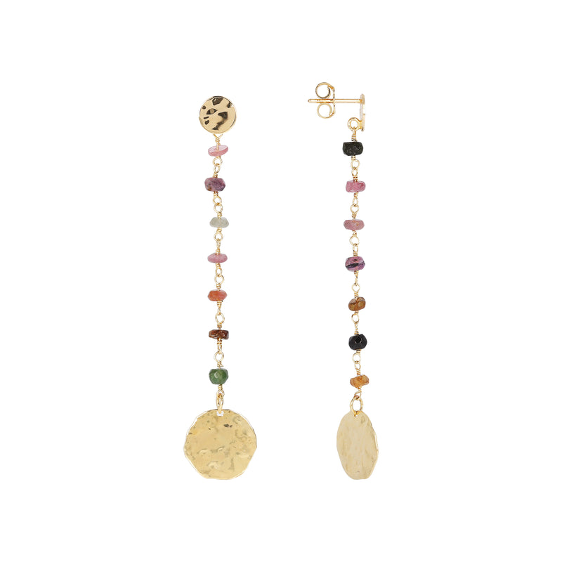 Pendant Earrings with Tourmaline And Hammered Discs